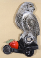 David Nance Shadow Talk oil on cut out panel realism trompe l'oeil imaginary hyper owl apple